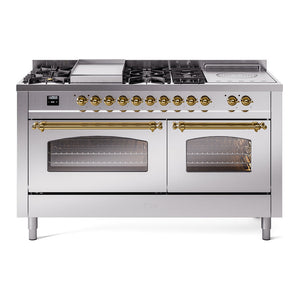 ILVE Nostalgie II 60-Inch Dual Fuel Range with 7 Sealed Burners + Griddle + French Top, 5.8 cu. ft. Oven, Stainless Steel with Brass Trim, Natural Gas, Triple Glass Door, UP60FSNMPSSG