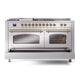 ILVE Nostalgie II 60-Inch Dual Fuel Range with 7 Sealed Burners + Griddle + French Top, 5.8 cu. ft. Oven, Stainless Steel with Brass Trim, Natural Gas, Triple Glass Door, UP60FSNMPSSG