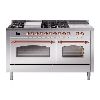 ILVE Nostalgie II 60-Inch Dual Fuel Range with 7 Sealed Burners + Griddle + French Top, 5.8 cu. ft. Oven, Stainless Steel with Copper Trim, Liquid Propane, Triple Glass Door, UP60FSNMPSSPLP