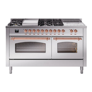 ILVE Nostalgie II 60-Inch Dual Fuel Range with 7 Sealed Burners + Griddle + French Top, 5.8 cu. ft. Oven, Stainless Steel with Copper Trim, Natural Gas, Triple Glass Door, UP60FSNMPSSP