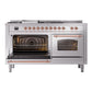 ILVE Nostalgie II 60-Inch Dual Fuel Range with 7 Sealed Burners + Griddle + French Top, 5.8 cu. ft. Oven, Stainless Steel with Copper Trim, Natural Gas, Triple Glass Door, UP60FSNMPSSP