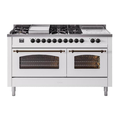 ILVE Nostalgie II 60-Inch Dual Fuel Range with 7 Sealed Burners + Griddle + French Top, 5.8 cu. ft. Oven, White with Burnished Trim, Liquid Propane, Triple Glass Door, UP60FSNMPWHBLP