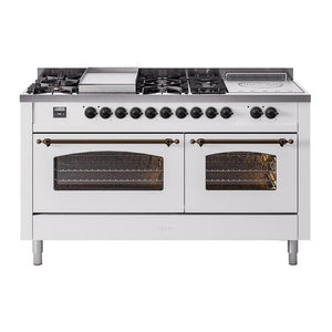 ILVE Nostalgie II 60-Inch Dual Fuel Range with 7 Sealed Burners + Griddle + French Top, 5.8 cu. ft. Oven, White with Burnished Trim, Natural Gas, Triple Glass Door, UP60FSNMPWHB