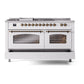 ILVE Nostalgie II 60-Inch Dual Fuel Range with 7 Sealed Burners + Griddle + French Top, 5.8 cu. ft. Oven, White with Burnished Trim, Natural Gas, Triple Glass Door, UP60FSNMPWHB