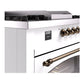 ILVE Nostalgie II 60-Inch Dual Fuel Range with 7 Sealed Burners + Griddle + French Top, 5.8 cu. ft. Oven, White with Burnished Trim, Natural Gas, Triple Glass Door, UP60FSNMPWHB