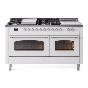 ILVE Nostalgie II 60-Inch Dual Fuel Range with 7 Sealed Burners + Griddle + French Top, 5.8 cu. ft. Oven, White with Chrome Trim, Natural Gas, Triple Glass Door, UP60FSNMPWHC