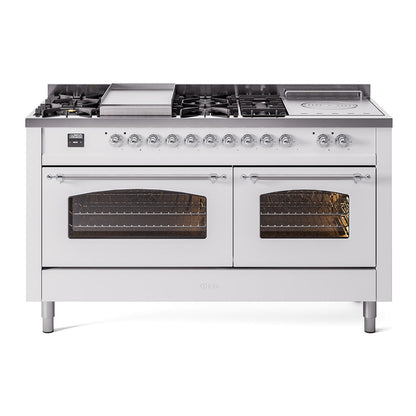ILVE Nostalgie II 60-Inch Dual Fuel Range with 7 Sealed Burners + Griddle + French Top, 5.8 cu. ft. Oven, White with Chrome Trim, Natural Gas, Triple Glass Door, UP60FSNMPWHC