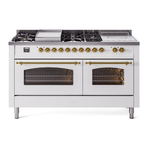 ILVE Nostalgie II 60-Inch Dual Fuel Range with 7 Sealed Burners + Griddle + French Top, 5.8 cu. ft. Oven, White with Brass Trim, Liquid Propane, Triple Glass Door, UP60FSNMPWHGLP