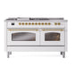 ILVE Nostalgie II 60-Inch Dual Fuel Range with 7 Sealed Burners + Griddle + French Top, 5.8 cu. ft. Oven, White with Brass Trim, Natural Gas, Triple Glass Door, UP60FSNMPWHG