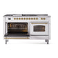 ILVE Nostalgie II 60-Inch Dual Fuel Range with 7 Sealed Burners + Griddle + French Top, 5.8 cu. ft. Oven, White with Brass Trim, Natural Gas, Triple Glass Door, UP60FSNMPWHG