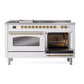 ILVE Nostalgie II 60-Inch Dual Fuel Range with 7 Sealed Burners + Griddle + French Top, 5.8 cu. ft. Oven, White with Brass Trim, Natural Gas, Triple Glass Door, UP60FSNMPWHG