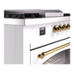 ILVE Nostalgie II 60-Inch Dual Fuel Range with 7 Sealed Burners + Griddle + French Top, 5.8 cu. ft. Oven, White with Brass Trim, Natural Gas, Triple Glass Door, UP60FSNMPWHG