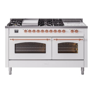 ILVE Nostalgie II 60-Inch Dual Fuel Range with 7 Sealed Burners + Griddle + French Top, 5.8 cu. ft. Oven, White with Copper Trim, Liquid Propane, Triple Glass Door, UP60FSNMPWHPLP