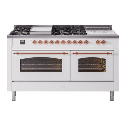 ILVE Nostalgie II 60-Inch Dual Fuel Range with 7 Sealed Burners + Griddle + French Top, 5.8 cu. ft. Oven, White with Copper Trim, Liquid Propane, Triple Glass Door, UP60FSNMPWHPLP