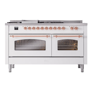 ILVE Nostalgie II 60-Inch Dual Fuel Range with 7 Sealed Burners + Griddle + French Top, 5.8 cu. ft. Oven, White with Copper Trim, Liquid Propane, Triple Glass Door, UP60FSNMPWHPLP