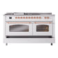 ILVE Nostalgie II 60-Inch Dual Fuel Range with 7 Sealed Burners + Griddle + French Top, 5.8 cu. ft. Oven, White with Copper Trim, Liquid Propane, Triple Glass Door, UP60FSNMPWHPLP