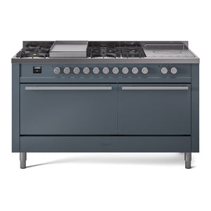ILVE Professional Plus II 60-Inch Dual Fuel Range with 7 Sealed Burners + Griddle + French Top, 5.8 cu. ft. Oven, Blue Grey, Liquid Propane, Solid Door, UP60FSQMPBGLP
