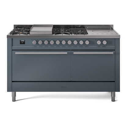 ILVE Professional Plus II 60-Inch Dual Fuel Range with 7 Sealed Burners + Griddle + French Top, 5.8 cu. ft. Oven, Blue Grey, Liquid Propane, Solid Door, UP60FSQMPBGLP
