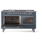 ILVE Professional Plus II 60-Inch Dual Fuel Range with 7 Sealed Burners + Griddle + French Top, 5.8 cu. ft. Oven, Blue Grey, Liquid Propane, Solid Door, UP60FSQMPBGLP
