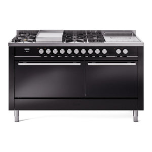 ILVE Professional Plus II 60-Inch Dual Fuel Range with 7 Sealed Burners + Griddle + French Top, 5.8 cu. ft. Oven, Glossy Black, Liquid Propane, Solid Door, UP60FSQMPBKLP