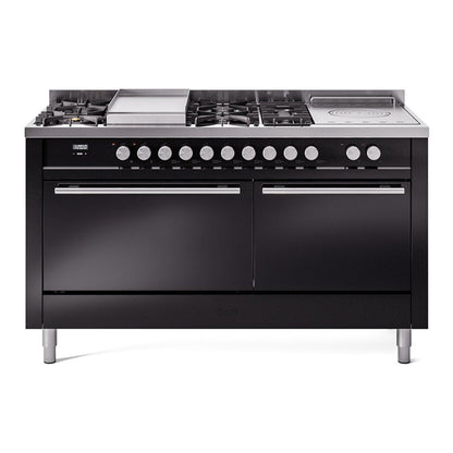 ILVE Professional Plus II 60-Inch Dual Fuel Range with 7 Sealed Burners + Griddle + French Top, 5.8 cu. ft. Oven, Glossy Black, Liquid Propane, Solid Door, UP60FSQMPBKLP