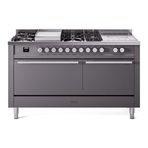 ILVE Professional Plus II 60-Inch Dual Fuel Range with 7 Sealed Burners + Griddle + French Top, 5.8 cu. ft. Oven, Graphite Matte, Natural Gas, Solid Door, UP60FSQMPMG