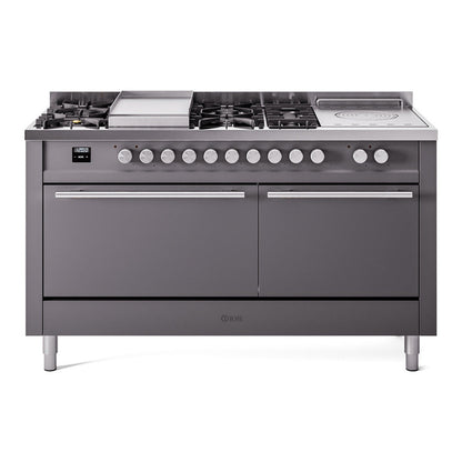 ILVE Professional Plus II 60-Inch Dual Fuel Range with 7 Sealed Burners + Griddle + French Top, 5.8 cu. ft. Oven, Graphite Matte, Natural Gas, Solid Door, UP60FSQMPMG