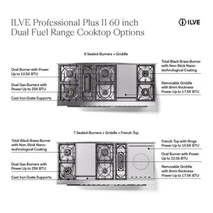 ILVE Professional Plus II 60-Inch Dual Fuel Range with 7 Sealed Burners + Griddle + French Top, 5.8 cu. ft. Oven, RAL, Natural Gas, Solid Door, UP60FSQMPRA
