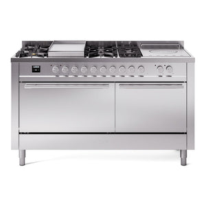 ILVE Professional Plus II 60-Inch Dual Fuel Range with 7 Sealed Burners + Griddle + French Top, 5.8 cu. ft. Oven, Stainless Steel, Liquid Propane, Solid Door, UP60FSQMPSSLP