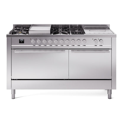 ILVE Professional Plus II 60-Inch Dual Fuel Range with 7 Sealed Burners + Griddle + French Top, 5.8 cu. ft. Oven, Stainless Steel, Natural Gas, Solid Door, UP60FSQMPSS