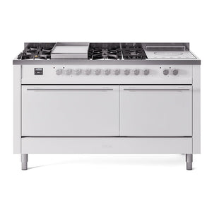 ILVE Professional Plus II 60-Inch Dual Fuel Range with 7 Sealed Burners + Griddle + French Top, 5.8 cu. ft. Oven, White, Liquid Propane, Solid Door, UP60FSQMPWHLP