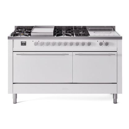 ILVE Professional Plus II 60-Inch Dual Fuel Range with 7 Sealed Burners + Griddle + French Top, 5.8 cu. ft. Oven, White, Natural Gas, Solid Door, UP60FSQMPWH