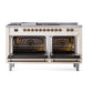 ILVE Nostalgie II 60-Inch Dual Fuel Range with 7 Sealed Burners + Griddle + French Top, 5.8 cu. ft. Oven, Antique White with Burnished Trim, Liquid Propane, Solid Door, UP60FSQNMPAWBLP