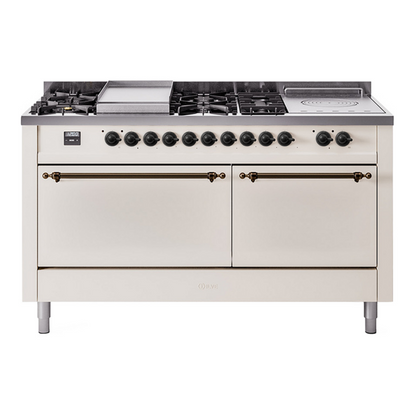 ILVE Nostalgie II 60-Inch Dual Fuel Range with 7 Sealed Burners + Griddle + French Top, 5.8 cu. ft. Oven, Antique White with Burnished Trim, Natural Gas, Solid Door, UP60FSQNMPAWB