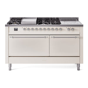 ILVE Nostalgie II 60-Inch Dual Fuel Range with 7 Sealed Burners + Griddle + French Top, 5.8 cu. ft. Oven, Antique White with Chrome Trim, Natural Gas, Solid Door, UP60FSQNMPAWC
