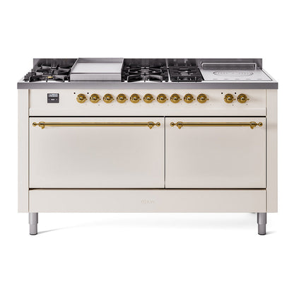 ILVE Nostalgie II 60-Inch Dual Fuel Range with 7 Sealed Burners + Griddle + French Top, 5.8 cu. ft. Oven, Antique White with Brass Trim, Liquid Propane, Solid Door, UP60FSQNMPAWGLP