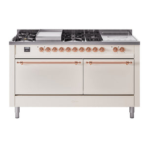 ILVE Nostalgie II 60-Inch Dual Fuel Range with 7 Sealed Burners + Griddle + French Top, 5.8 cu. ft. Oven, Antique White with Copper Trim, Liquid Propane, Solid Door, UP60FSQNMPAWPLP