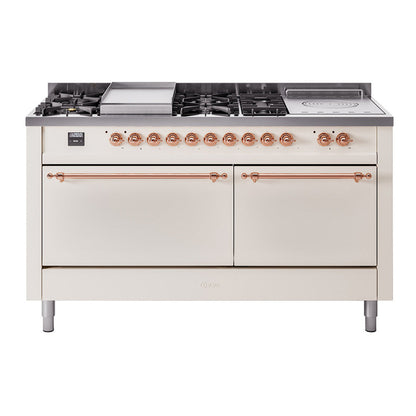 ILVE Nostalgie II 60-Inch Dual Fuel Range with 7 Sealed Burners + Griddle + French Top, 5.8 cu. ft. Oven, Antique White with Copper Trim, Natural Gas, Solid Door, UP60FSQNMPAWP