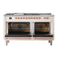 ILVE Nostalgie II 60-Inch Dual Fuel Range with 7 Sealed Burners + Griddle + French Top, 5.8 cu. ft. Oven, Antique White with Copper Trim, Natural Gas, Solid Door, UP60FSQNMPAWP