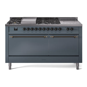 ILVE Nostalgie II 60-Inch Dual Fuel Range with 7 Sealed Burners + Griddle + French Top, 5.8 cu. ft. Oven, Blue Grey with Burnished Trim, Natural Gas, Solid Door, UP60FSQNMPBGB