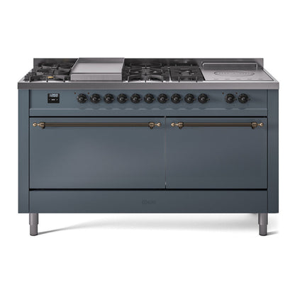 ILVE Nostalgie II 60-Inch Dual Fuel Range with 7 Sealed Burners + Griddle + French Top, 5.8 cu. ft. Oven, Blue Grey with Burnished Trim, Natural Gas, Solid Door, UP60FSQNMPBGB