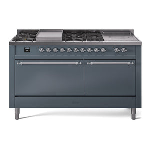 ILVE Nostalgie II 60-Inch Dual Fuel Range with 7 Sealed Burners + Griddle + French Top, 5.8 cu. ft. Oven, Blue Grey with Chrome Trim, Liquid Propane, Solid Door, UP60FSQNMPBGCLP