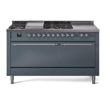 ILVE Nostalgie II 60-Inch Dual Fuel Range with 7 Sealed Burners + Griddle + French Top, 5.8 cu. ft. Oven, Blue Grey with Chrome Trim, Natural Gas, Solid Door, UP60FSQNMPBGC