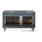 ILVE Nostalgie II 60-Inch Dual Fuel Range with 7 Sealed Burners + Griddle + French Top, 5.8 cu. ft. Oven, Blue Grey with Chrome Trim, Natural Gas, Solid Door, UP60FSQNMPBGC