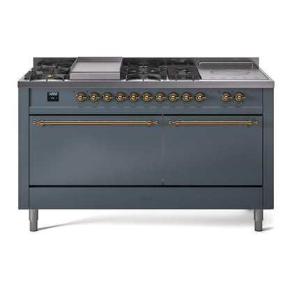ILVE Nostalgie II 60-Inch Dual Fuel Range with 7 Sealed Burners + Griddle + French Top, 5.8 cu. ft. Oven, Blue Grey with Brass Trim, Liquid Propane, Solid Door, UP60FSQNMPBGGLP