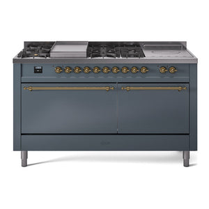 ILVE Nostalgie II 60-Inch Dual Fuel Range with 7 Sealed Burners + Griddle + French Top, 5.8 cu. ft. Oven, Blue Grey with Brass Trim, Natural Gas, Solid Door, UP60FSQNMPBGG