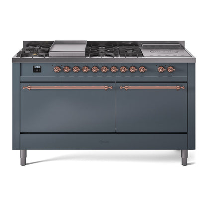 ILVE Nostalgie II 60-Inch Dual Fuel Range with 7 Sealed Burners + Griddle + French Top, 5.8 cu. ft. Oven, Blue Grey with Copper Trim, Natural Gas, Solid Door, UP60FSQNMPBGP