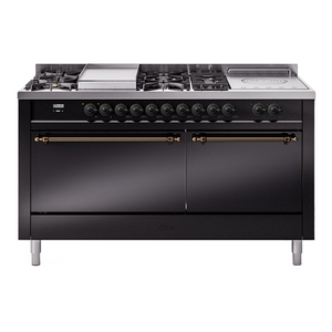 ILVE Nostalgie II 60-Inch Dual Fuel Range with 7 Sealed Burners + Griddle + French Top, 5.8 cu. ft. Oven, Glossy Black with Burnished Trim, Natural Gas, Solid Door, UP60FSQNMPBKB
