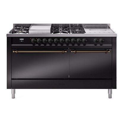 ILVE Nostalgie II 60-Inch Dual Fuel Range with 7 Sealed Burners + Griddle + French Top, 5.8 cu. ft. Oven, Glossy Black with Burnished Trim, Natural Gas, Solid Door, UP60FSQNMPBKB