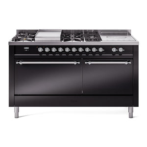 ILVE Nostalgie II 60-Inch Dual Fuel Range with 7 Sealed Burners + Griddle + French Top, 5.8 cu. ft. Oven, Glossy Black with Chrome Trim, Liquid Propane, Solid Door, UP60FSQNMPBKCLP